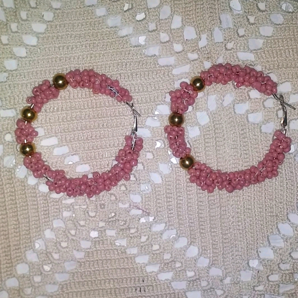 Hand beaded 2 inch hoop earrings